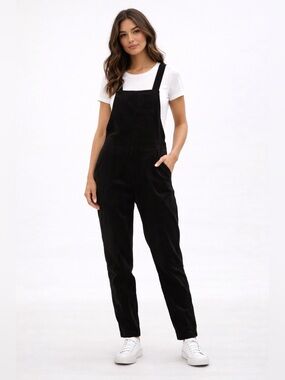 Stowaway Black Corduroy Overalls Jumpsuit Relaxed Fit Adjustable Straps